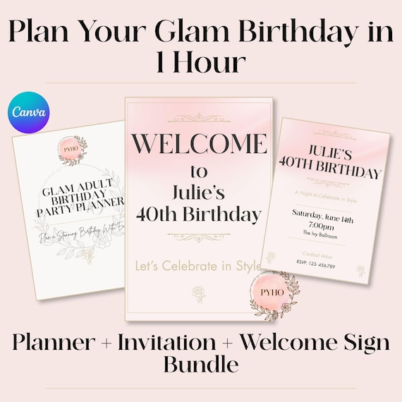 Blush Nude Glam Birthday Bundle | Editable Canva Invitation, Welcome Sign & Party Planner | 40th Celebration Template | Adult Event Guide