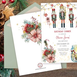 May include: A birthday dinner invitation card featuring watercolor illustrations of three nutcrackers, string lights, candy canes, and a mason jar with a candle. The text reads: Join us for a BIRTHDAY DINNER to celebrate Olivia Jones' 35th BIRTHDAY DECEMBER 20 AT 7:00PM.