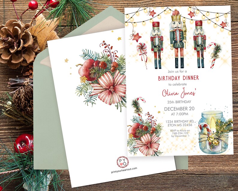 May include: A birthday dinner invitation card featuring watercolor illustrations of three nutcrackers, string lights, candy canes, and a mason jar with a candle. The text reads: Join us for a BIRTHDAY DINNER to celebrate Olivia Jones' 35th BIRTHDAY DECEMBER 20 AT 7:00PM.