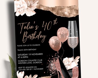 Rose Gold 40th Birthday Invitation | Heels, Balloons, Flowers, Champagne | Digital Download
