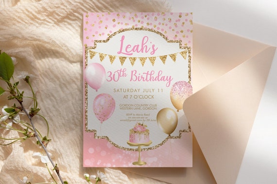 Pink Gold Glitter Birthday Balloons Invitation Printable Template, Pink Cake Editable Any Age Party Invitation for Women, Printable Card