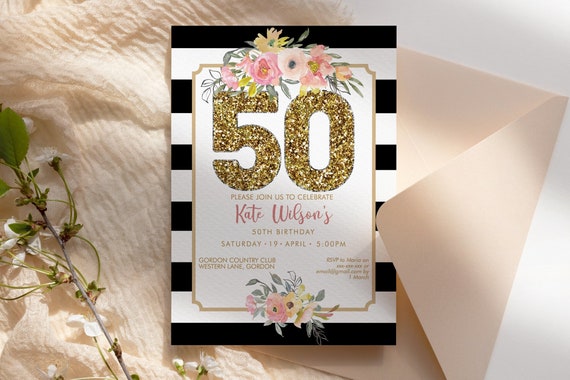 DIY 50th Birthday Yellow Pink Floral Striped Invitation Printable Template, Black Gold Glitter Editable Birthday Party Invitation, Printable