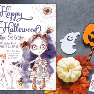 May include: Halloween-themed invitation featuring a watercolor illustration of a spooky girl with pigtails, holding a teddy bear and a lollipop. The invitation includes the text "Happy Halloween", event details, and RSVP information. Additional decorations include a pumpkin, ghost, and eye.