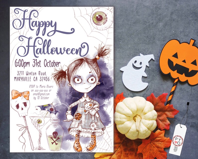 May include: Halloween-themed invitation featuring a watercolor illustration of a spooky girl with pigtails, holding a teddy bear and a lollipop. The invitation includes the text "Happy Halloween", event details, and RSVP information. Additional decorations include a pumpkin, ghost, and eye.