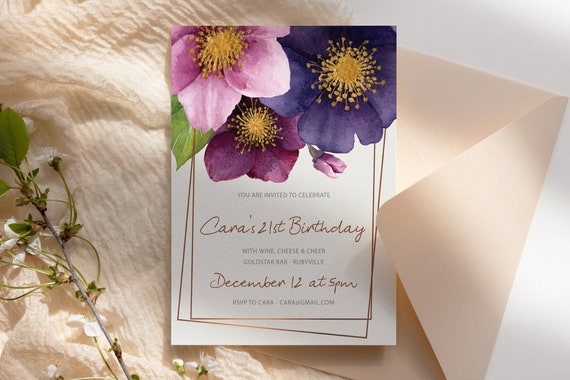 Big Purple Watercolor Flowers Birthday Invitation Printable Template, Any Age Designer Mauve Editable Invite for Women Printable Floral Card