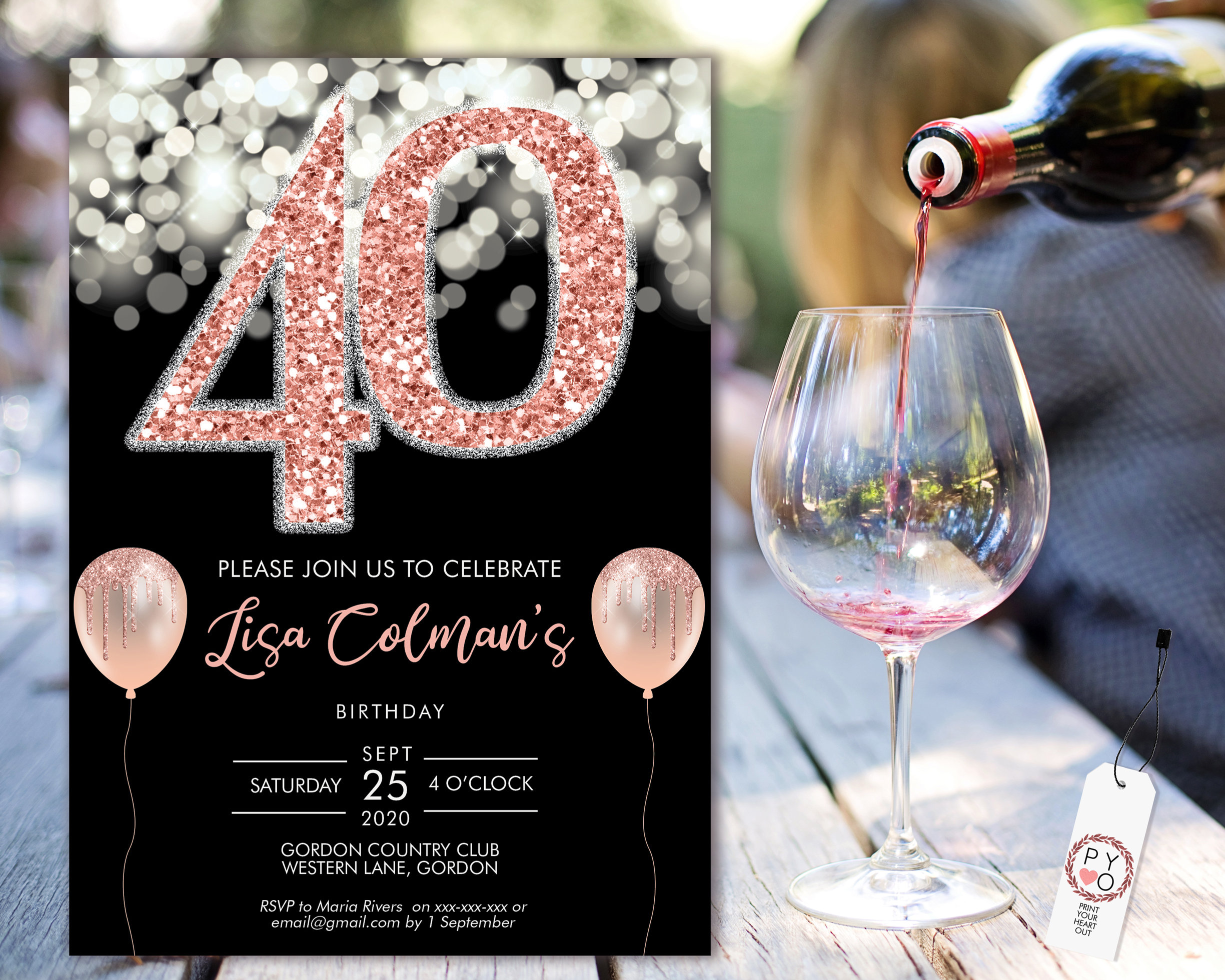 Diy 40th Birthday Rose Gold Glitter Confetti Invitation Printable