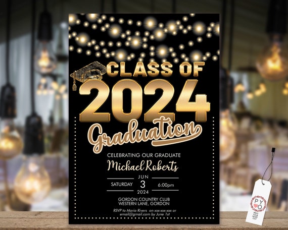 Class of 2022 Gold Foil Graduation Invitation Printable Template, Black Editable Invite, Graduate Editable Invite, High School, College Grad