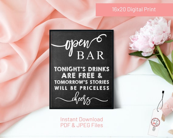 Open Bar Chalkboard Background Sign, Bridal Shower Bar Sign, Baby Shower Black White Sign, Wedding Bar Sign Printable, Free Drinks Bar Sign