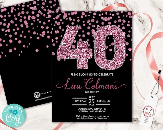 DIY 40th Birthday Confetti Invitation Printable Template, Black Pink Glitter Editable Birthday Party Invitation for Women, Printable