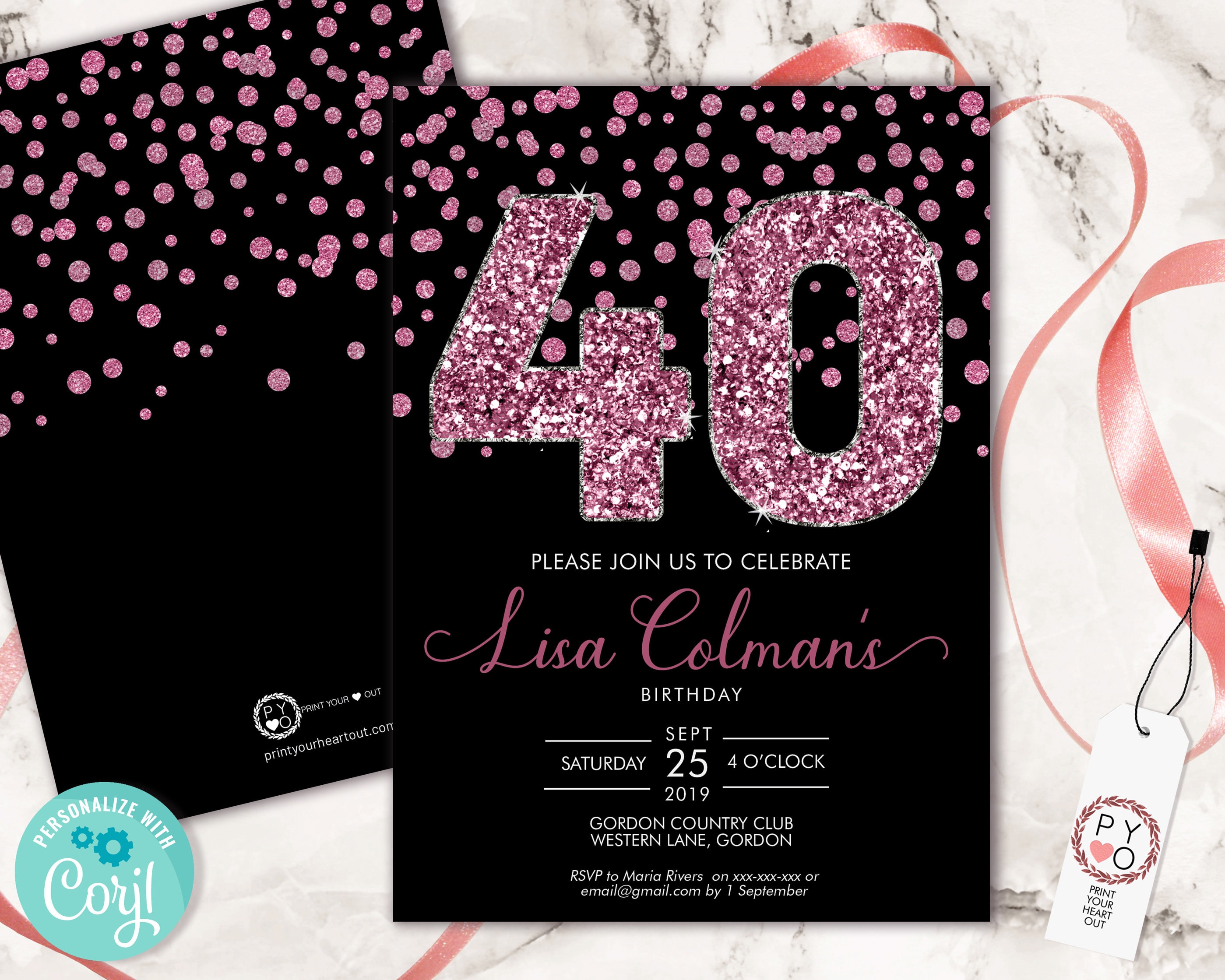 DIY 40th Birthday Confetti Invitation Printable Template, Black Pink Glitter Editable Birthday