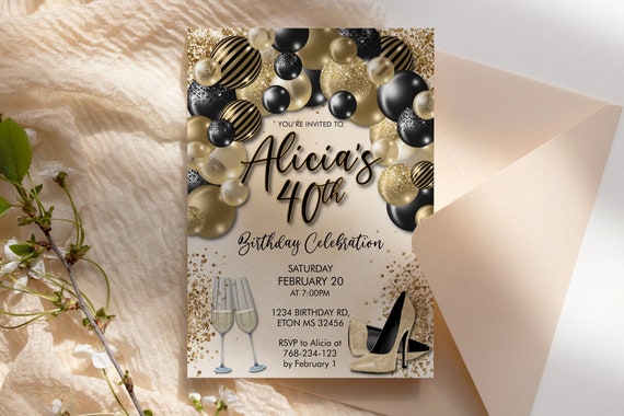 DIY Any Age Birthday Black Gold Heels Balloon Arch Glitter Invitation Printable Template, Champagne Editable Party Invitation for Women