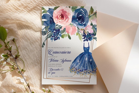 Quinceanera Invitation Printable Template, Blue Roses Pink Dress Invite, Fiesta de Quince, Mis Quince Anos Editable Template 15th Birthday,