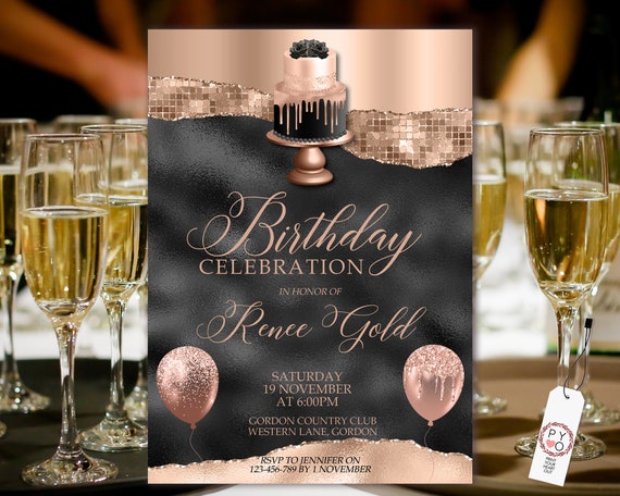 Rose Gold Cake Birthday Invitation Printable Template, Disco RoseGold Glitter Editable Party Women, Any Age Invite, Sequins Balloons Foil