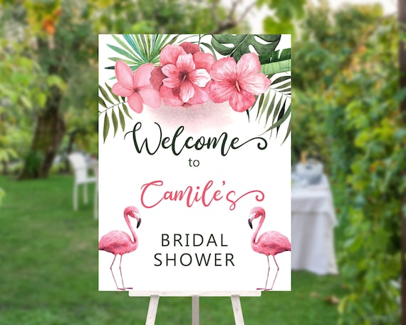 Flamingo Floral Bouquet Bridal Shower Sign, Tropical Green, Bridal Welcome Sign, Outdoor Welcome Sign, Printable Sign, Summer Shower