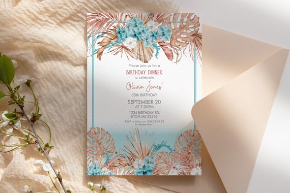 Blue Orchid Floral Dried Foliage Pampas Birthday Invitation, Palm Leaves Boho Pastel, Printable Lunch Dinner Party, Editable Template Women