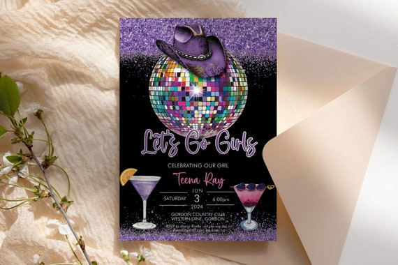 Purple Disco Cowgirl Birthday Glitter Drinks Invitation Template, Editable Party Invite Women, Country, Cowboy Hat, Yeehaw Bachelorette