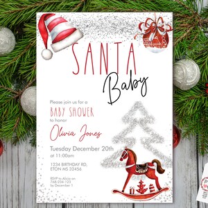 May include: A festive baby shower invitation with the words "SANTA Baby" in red and black script. The invitation features a Santa hat, a rocking horse, and a Christmas tree design, perfect for a holiday-themed baby shower.