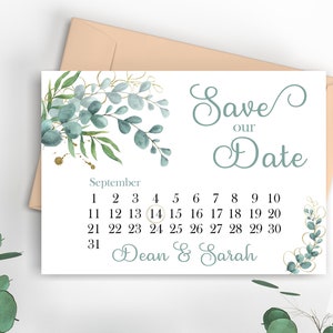 Eucalyptus Gold Calendar Save Our Date, Rustic Save the Date, Printable Foliage Leaves Date card, Greenery Date Saver, Digital Save Date