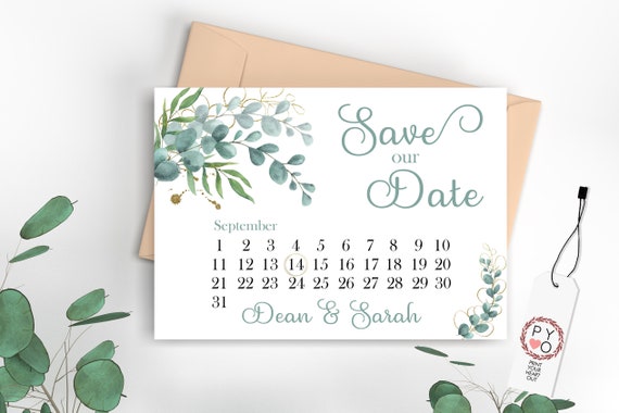 Eucalyptus Gold Calendar Save Our Date, Rustic Save the Date, Printable Foliage Leaves Date card, Greenery Date Saver, Digital Save Date