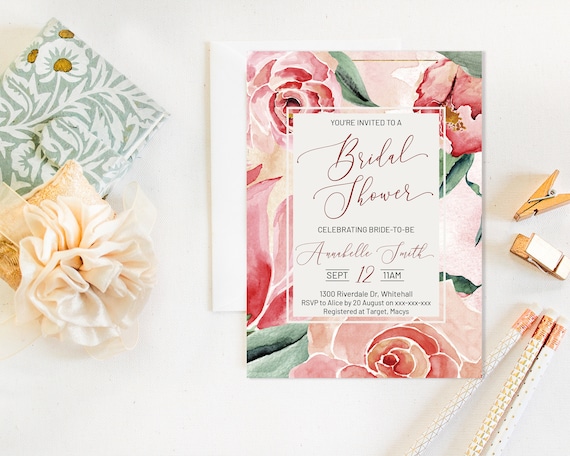 Magnolia Rose Floral Bridal Shower Invitation, Pink Romantic Invitation,  Flowers Invitation, Watercolor Pink Invitation, Pastel Printable