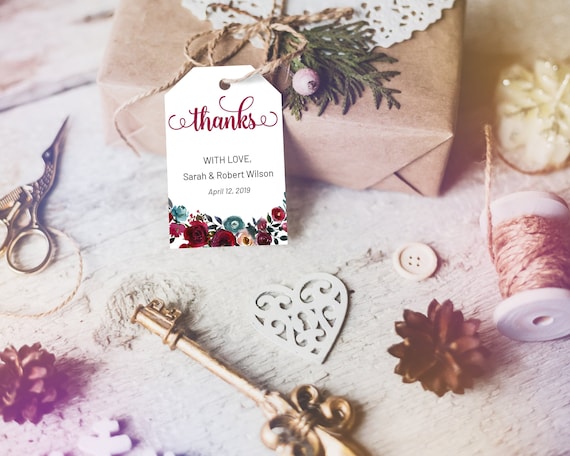 Winter Burgundy Floral Thank You Tag, Wedding Favors, Winter Thank You Tag, Instant Download, Party Thanks Tag, Thanks Label, Maroon Thanks