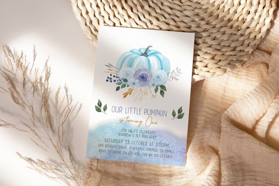 Fall Blue Pumpkin Birthday Invitation for boys, First Birthday Invite Boy, Autumn Invitation, Floral Fall Blue Green DIY Printable Template