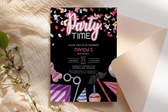 DIY Party Time Birthday Confetti Invitation Printable Template, Black Pink Editable Birthday Party Invitation for Any Age, Printable Invite