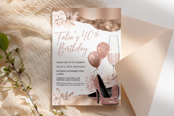 Rose Gold Birthday Heels Balloons Invitation White Template, Cream Flowers Glitter Editable Party Invitation for Women, Printable Card