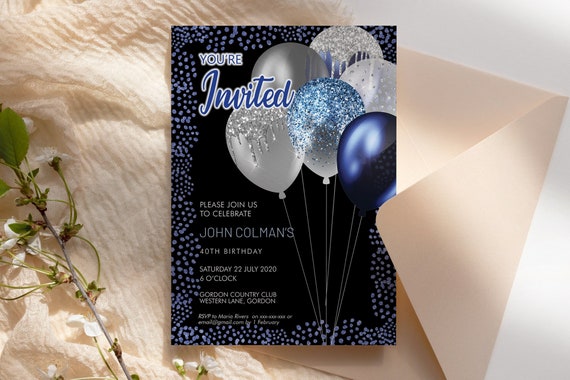 Silver Blue Birthday Balloons Invitation Printable Template, Silver Grey Glitter Editable Birthday Party Invitation, Unisex Printable Card