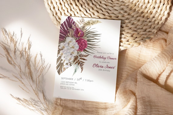 Boho Orchid Tropical Birthday Invitation, Modern Fan Palm Brunch Foliage Invite Printable Lunch Dinner Party, Burgundy Dried Leaves Template