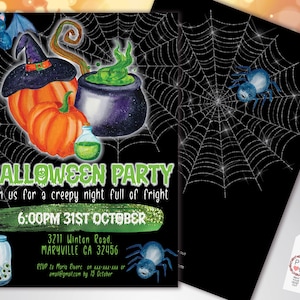 May include: Halloween party invitation with a black background and watercolor illustrations. The design includes pumpkins, a witch's hat, a cauldron with green potion, and spiders. The text reads "Halloween Party" and event details.