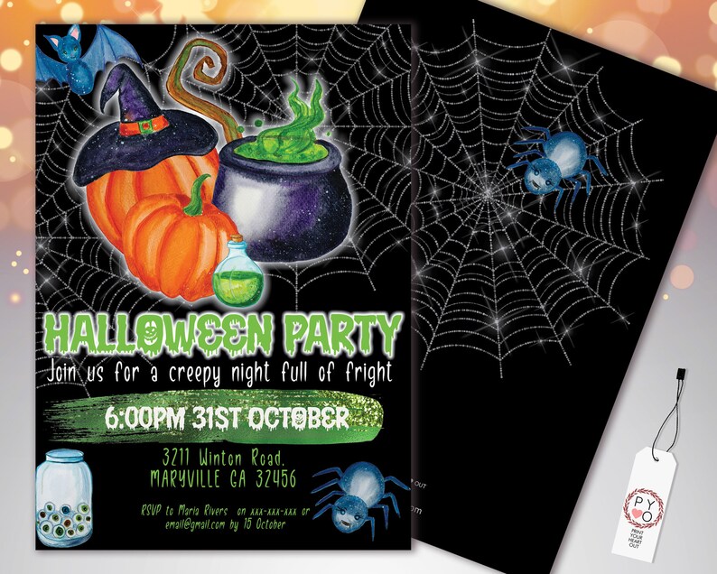 May include: Halloween party invitation with a black background and watercolor illustrations. The design includes pumpkins, a witch's hat, a cauldron with green potion, and spiders. The text reads "Halloween Party" and event details.