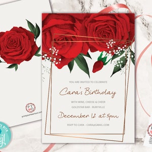May include: A white invitation with a gold frame and red roses. The text reads "You are invited to celebrate Cara's Birthday with wine, cheese & cheer Goldstar Bar - Rubyville December 12 at 5pm RSVP to Cara - cara@gmail.com"