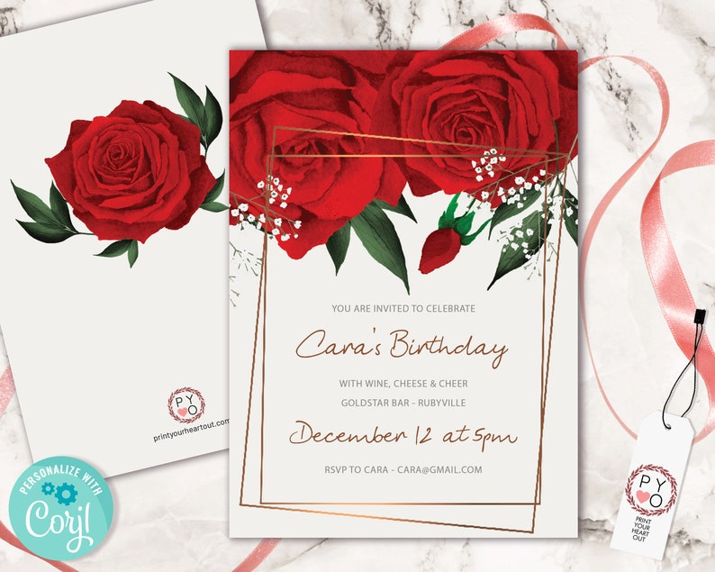 May include: A white invitation with a gold frame and red roses. The text reads "You are invited to celebrate Cara's Birthday with wine, cheese & cheer Goldstar Bar - Rubyville December 12 at 5pm RSVP to Cara - cara@gmail.com"