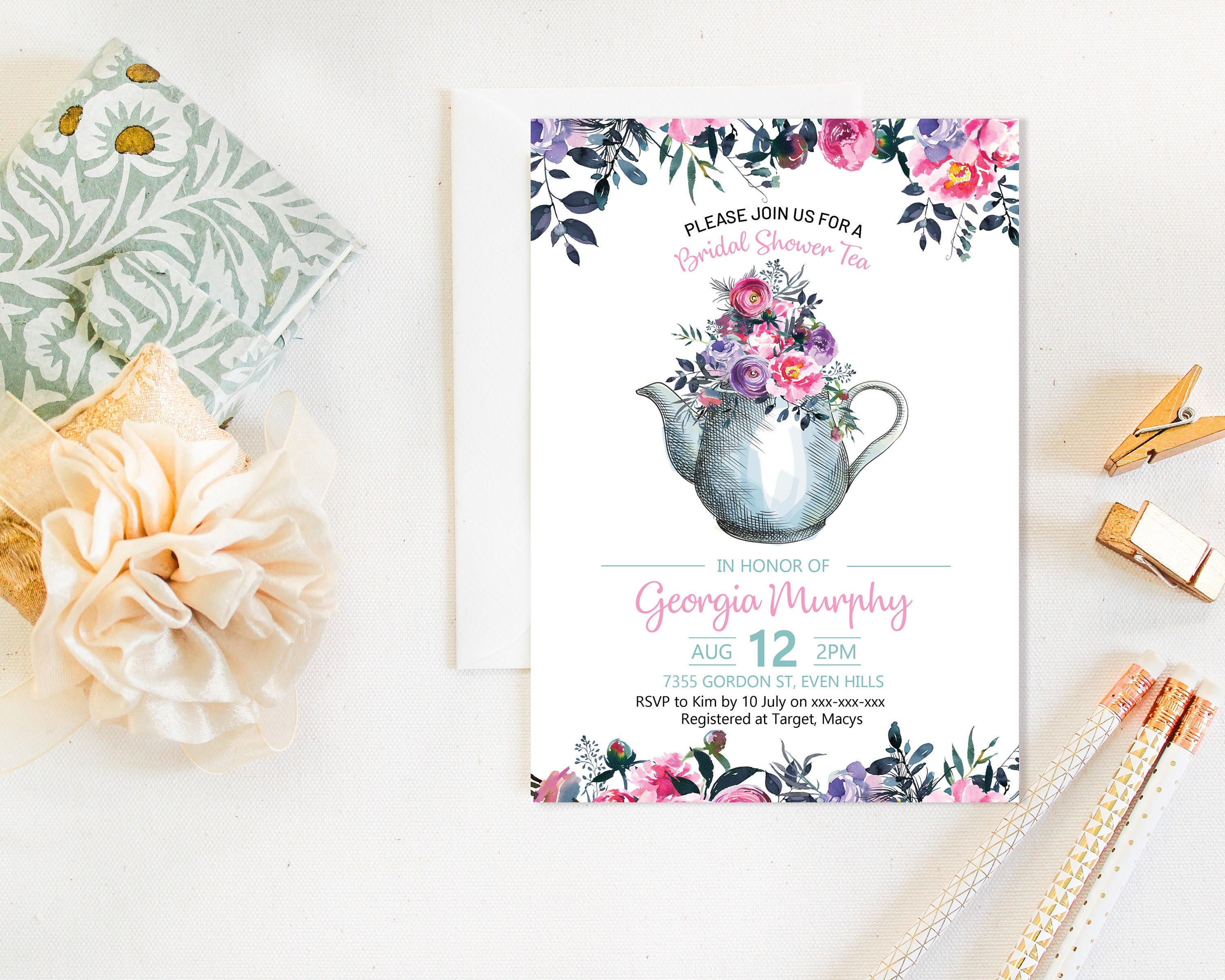 Pink Tea Party Floral Bridal Shower Invitation, High Tea Shower Invitation, Printable Bridal