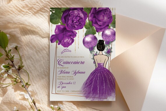 Quinceanera Invitation Printable Template, Purple Roses Dress Invite, Fiesta de Quince, Mis Quince Anos Editable Template 15th Birthday,