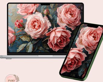 Botanical Oil Painting Digital Pack | Blush Pink Roses Wallpaper, iPad iPhone TV Frame Backgrounds, Impressionist Art, Aesthetic Desktop