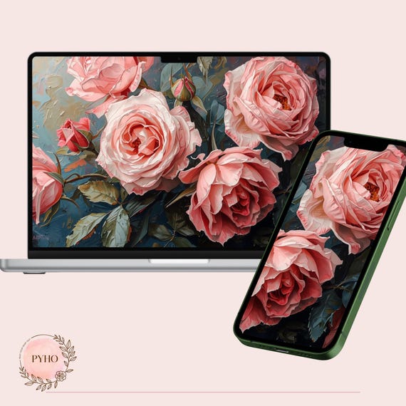 Botanical Oil Painting Digital Pack | Blush Pink Roses Wallpaper, iPad iPhone Backgrounds, Custom Impressionist Art, Aesthetic Desktop