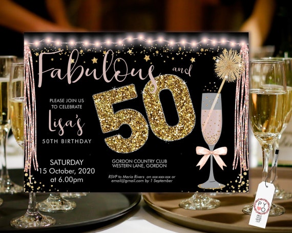 Pink Champagne 50 Birthday Invitation Printable Template, Sparkle Horizontal Birthday Party Invitation Women, Printable gold lights Invite