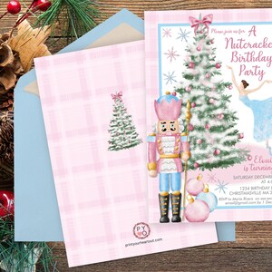 May include: A set of Nutcracker Birthday Party invitations. The design features a pink and blue colour scheme, a Christmas tree, a ballerina, and a nutcracker soldier. The invitation includes the text "Please join us for A Nutcracker Birthday Party".