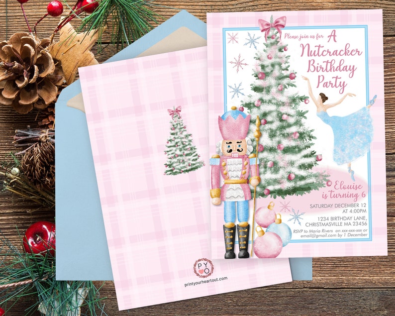 May include: A set of Nutcracker Birthday Party invitations. The design features a pink and blue colour scheme, a Christmas tree, a ballerina, and a nutcracker soldier. The invitation includes the text "Please join us for A Nutcracker Birthday Party".