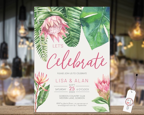 King Protea Rehearsal Dinner Card, Monstera Greenery, Pink Invitation, DIY Printable Card, Tropical Date Claimer, Practice Wedding Invite