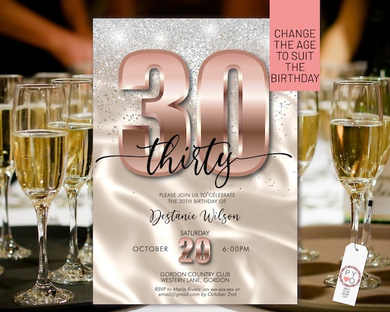 DIY Any Age Birthday Rosegold Ivory Silver Glitter Number Invitation Printable Template, Satin Editable Dinner Drinks Party Invitation Women