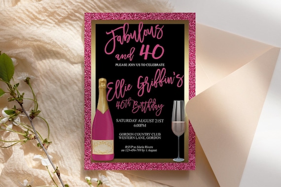 Any Age Hot Pink Glitter Gold Birthday Champagne Glass Invitation Printable Template, Magenta Editable Elegant Dinner Women, Printable Card