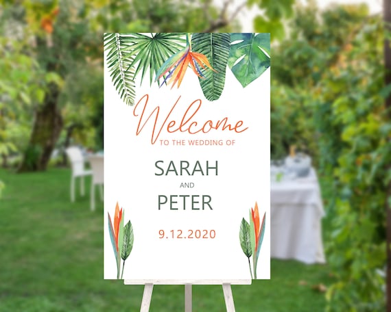 Bird of Paradise Wedding Welcome Sign, Modern Green, Bridal Sign, Outdoor Welcome Sign, Printable Sign, Summer Greenery Foliage Wedding