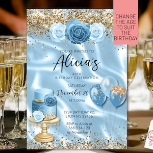 Any Age Birthday Light Blue Gold Glitter Cake Balloons Invitation Printable Template, Pastel Sparkle Editable Floral Women, Baby Blue Roses