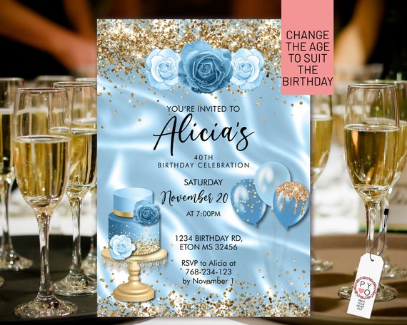 Any Age Birthday Light Blue Gold Glitter Cake Balloons Invitation Printable Template, Pastel Sparkle Editable Floral Women, Baby Blue Roses