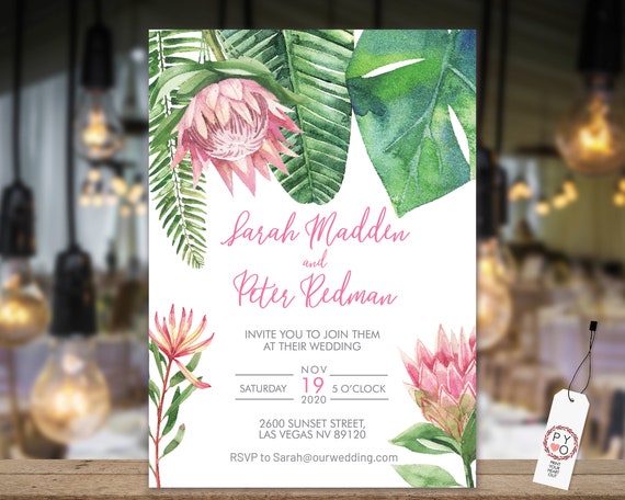 King Protea Wedding Invitation, Monstera Greenery, Pink Invitation, DIY Printable Card, Tropical Date Claimer, Summer Wedding Invite