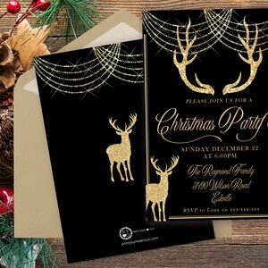 May include: Black Christmas party invitation with gold glitter deer and text. The invitation reads "Please join us for a Christmas Party" with the date, time, and location. The envelope is a light tan color.