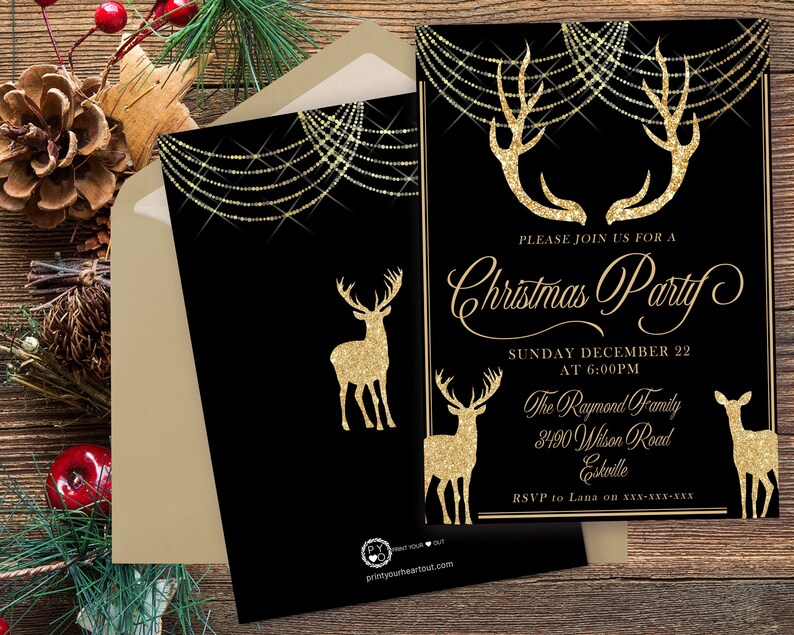 May include: Black Christmas party invitation with gold glitter deer and text. The invitation reads "Please join us for a Christmas Party" with the date, time, and location. The envelope is a light tan color.